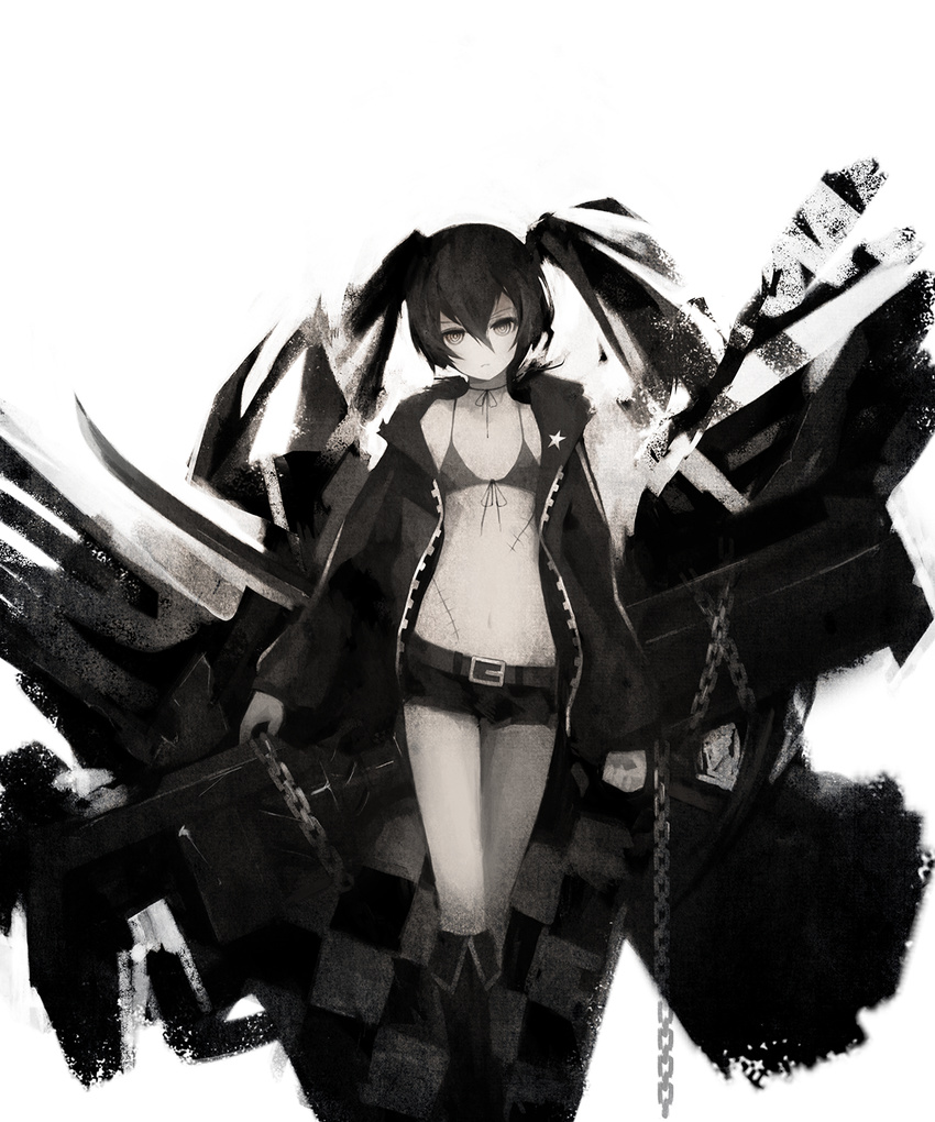 bad_id bad_pixiv_id belt bikini bikini_top_only black_bikini black_rock_shooter black_rock_shooter_(character) black_shorts boots chains commentary_request female flat_chest front-tie_bikini_top front-tie_top greyscale gyup hair_between_eyes head_tilt highres knee_boots long_hair looking_at_viewer midriff monochrome navel no_shirt ringed_eyes scar short_shorts shorts simple_background solo standing stomach swimsuit twintails white_background