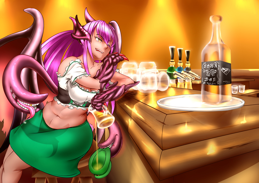 absurdres alternate_costume bar bar_maid beer beer_mug belly breasts claws cleavage dark_skin dragon_girl dress drunk extra_mouth female female gold_tooth green_dress heart highres holding_beer horns jabberwock_(monster_girl_encyclopedia) large_breasts monster_girl monster_girl_encyclopedia navel open_mouth plump purple_hair solo thighs tongue tongue_out torn_wings wings