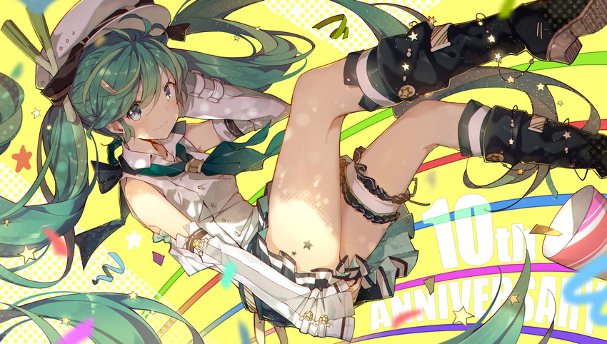 anniversary boots bridal_garter commentary_request detached_sleeves female floating_hair green_eyes green_hair hat hatsune_miku highres linfi-muu long_hair looking_at_viewer md5_mismatch resolution_mismatch skirt solo source_larger spring_onion star_(symbol) twintails very_long_hair vocaloid yellow_background