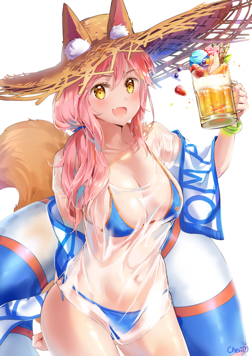 :d animal_ear_fluff animal_ears arm_behind_back ass_visible_through_thighs beer_mug bikini blue_bikini bracelet breasts cherim cleavage commentary contrapposto cowboy_shot cup fate/grand_order fate_(series) female fox_ears fox_girl fox_tail hair_ornament hair_over_shoulder hat highres innertube jewelry long_hair looking_at_viewer low_ponytail mug navel oerba_yun_fang open_mouth pink_hair see-through shirt side-tie_bikini_bottom smile solo standing straw_hat sun_hat swim_ring swimsuit symbol-only_commentary t-shirt tail tamamo_(fate) tamamo_no_mae_(swimsuit_lancer)_(fate) tamamo_no_mae_(swimsuit_lancer)_(second_ascension)_(fate) yellow_eyes