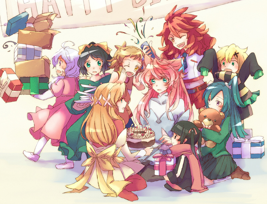 6+girls ;d aged_down ahoge akatsuki_kirika amou_kanade banner belt black_hair blonde_hair blue_hair blush bow box brown_hair cake candle commentary_request dress food gift gift_box green_eyes hair_ornament hairbow holding holding_plate kazanari_tsubasa kohinata_miku long_hair maria_cadenzavna_eve midriff multiple_girls necktie one_eye_closed one_side_up open_mouth orange_eyes oversized_clothes party_popper pink_hair plate ponytail purple_eyes purple_hair red_hair rhapsode scarf senki_zesshou_symphogear serena_cadenzavna_eve shoes short_hair sitting skirt sleeves_past_wrists smile striped_clothes striped_scarf stuffed_animal stuffed_toy tachibana_hibiki_(symphogear) teddy_bear tsukuyomi_shirabe twintails yellow_eyes yukine_chris