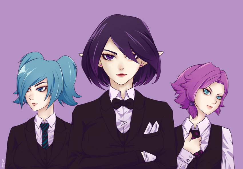 3girls absurdres blue_eyes blue_hair bow bowtie commentary commentary_typo english_commentary evie_(paladins) formal highres maeve_(paladins) multiple_girls necktie paladins pandewiratama pink_hair purple_background purple_eyes purple_hair short_hair skye_(paladins) slit_pupils suit tuxedo