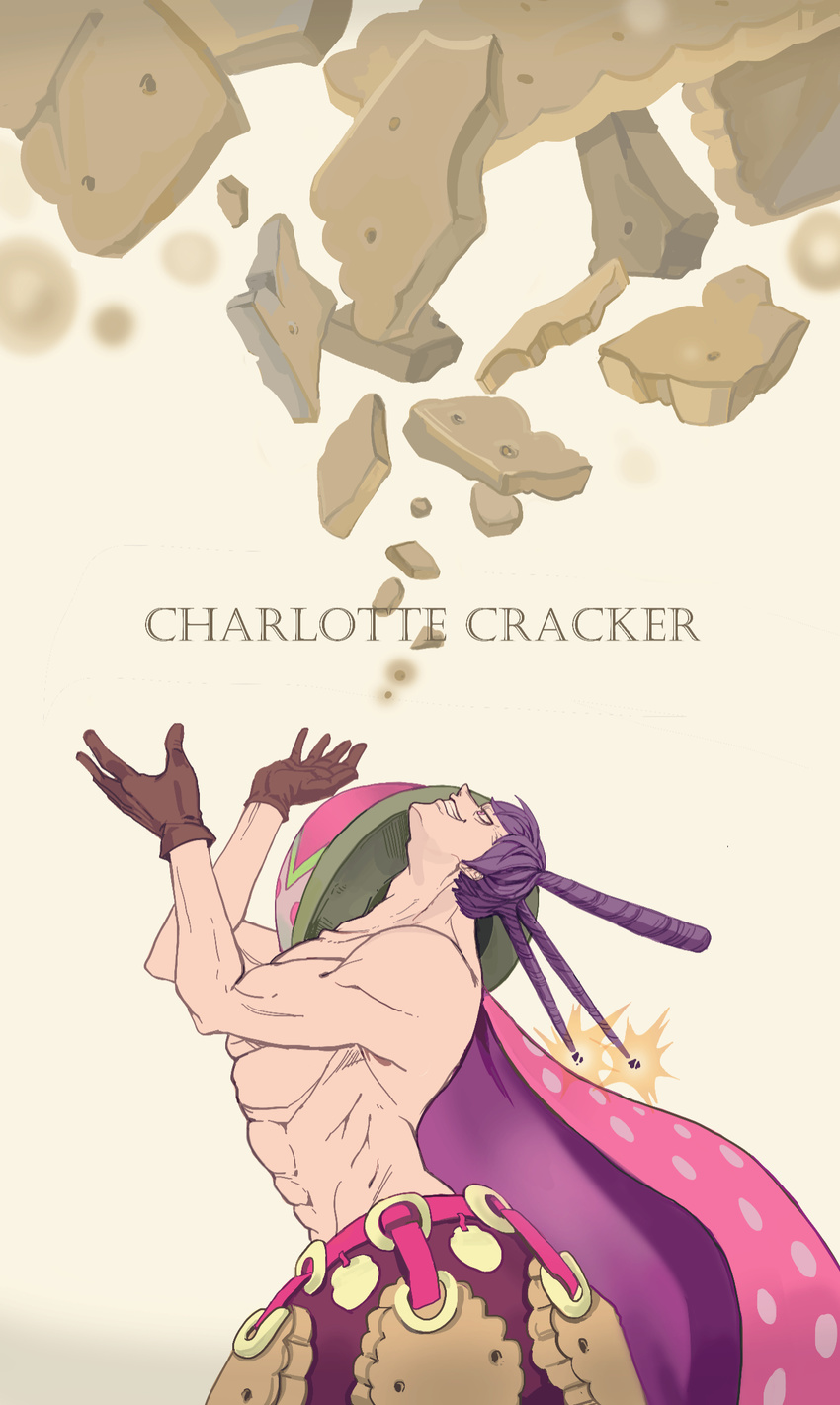 1boy abs arched_back cape character_name charlotte_cracker commentary cracker food gloves hair_bun highres living_(pixiv5031111) male_focus muscular one_piece pectorals pink_eyes purple_hair single_hair_bun solo teeth topless_male