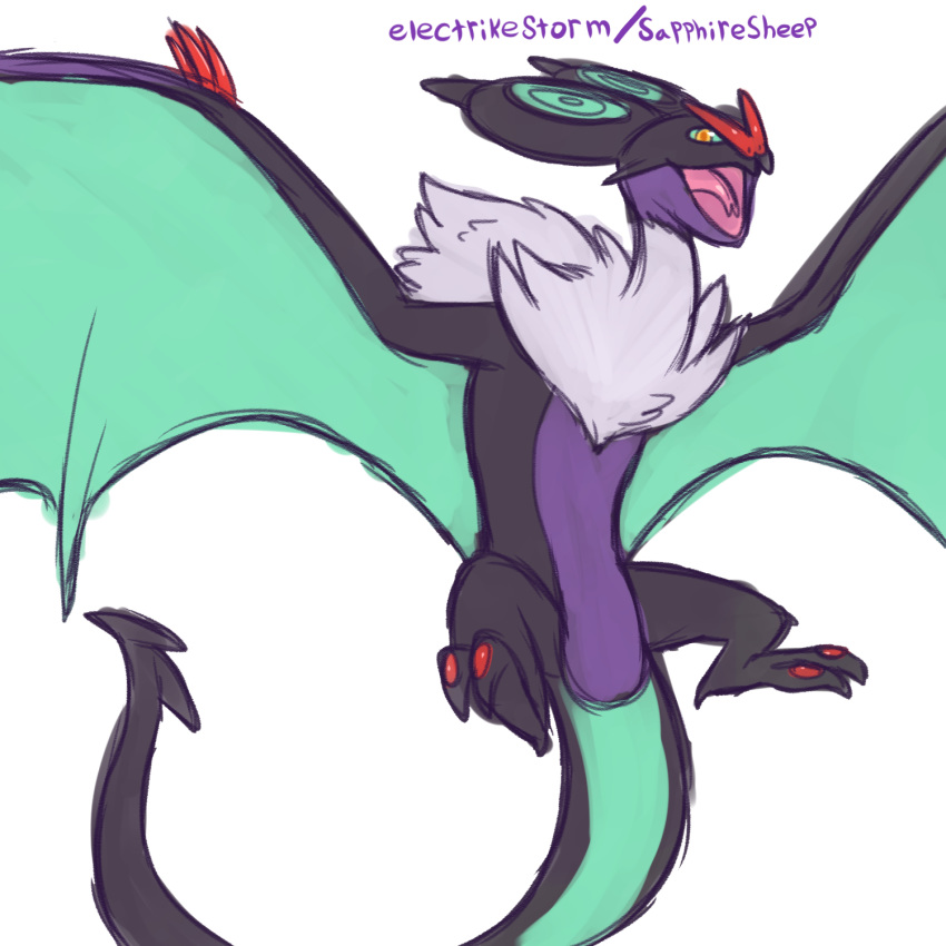 1:1 2018 ambiguous_gender big_ears claws electrikestorm feral forked_tongue fur generation_6_pokemon hi_res mane membrane_(anatomy) membranous_wings nintendo noivern open_mouth pokemon pokemon_(species) simple_background solo tongue white_background wings yellow_eyes