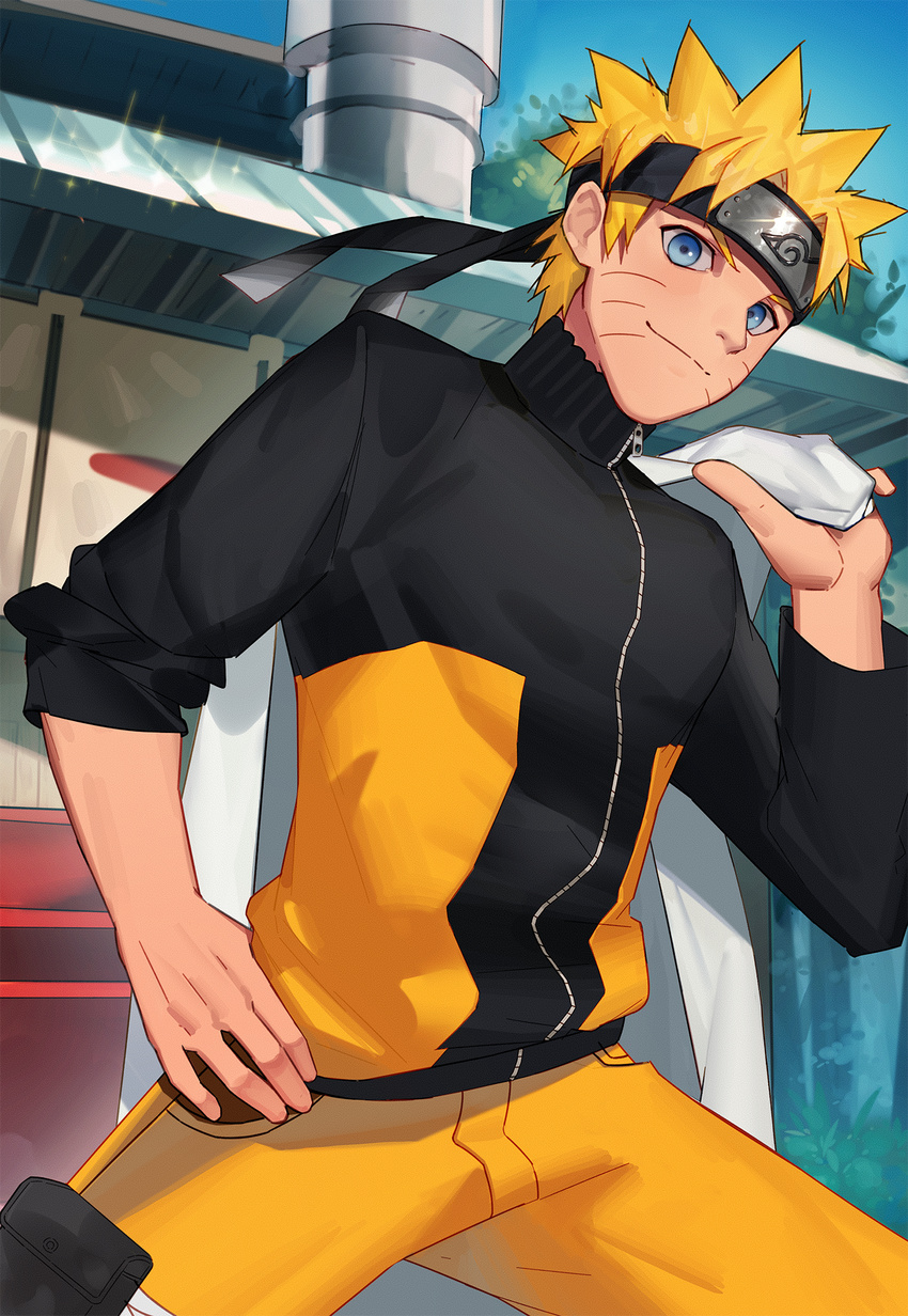 1boy blonde_hair blue_eyes facial_mark headband naruto outdoors smile solo uzumaki_naruto yaowu