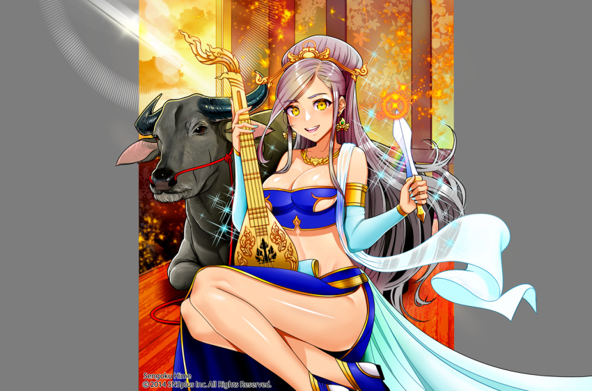 alcoholrang armlet bad_id bad_pixiv_id breasts bull character_request cleavage commentary commission crop_top detached_sleeves earrings english_commentary engrish_commentary eyebrows female grey_hair hair_ornament instrument jewelry large_breasts legs long_hair looking_at_viewer midriff nail_polish necklace open_mouth princess sengoku_hime side_slit sitting smile solo sparkle underboob yellow_eyes