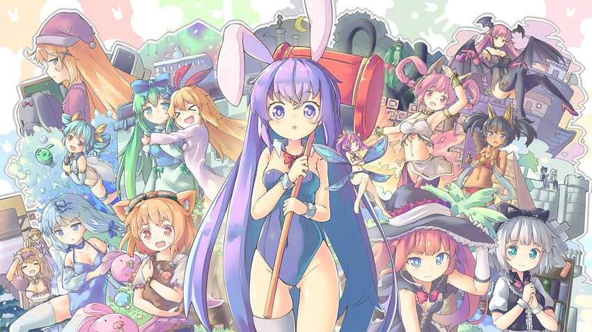 >_< 6+girls :d animal_ears aruraune_(rabi-ribi) ashuri_(rabi-ribi) ass_visible_through_thighs black_hair blonde_hair blue_eyes blue_hair cat_ears chocolate_(rabi_ribi) cicini_(rabi-ribi) cocoa_(rabi_ribi) commentary crescent_moon demon_girl demon_wings drill_hair english_commentary erina_(rabi-ribi) everyone fairy fairy_wings fish goggles goggles_on_head green_eyes green_hair hair_ribbon hat hug irisu_(rabi_ribi) kotri_(rabi-ribi) leotard lilith_(rabi-ribi) long_hair mini_person minigirl miriam_(rabi_ribi) miru_(rabi_ribi) moon multiple_girls nano_(mianhua_maoqiu) open_mouth orange_eyes pandora_(rabi-ribi) pink_eyes pink_hair playboy_bunny purple_eyes purple_hair rabbit rabbit_ears rabbit_girl rabi-ribi ribbon ribbon_(rabi-ribi) rita_(rabi-ribi) rumi_(rabi_ribi) saya_(rabi_ribi) seana_(rabi_ribi) short_hair single_thighhigh smile snowman syaro_(rabi-ribi) thighhighs toy_hammer twintails vanilla_(rabi_ribi) very_long_hair white_hair white_legwear wings witch_hat xd