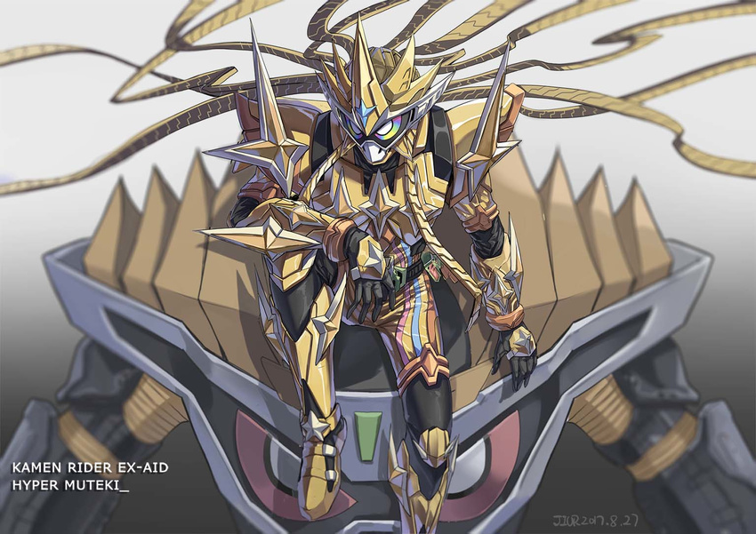 1boy armor belt blurry bodysuit breastplate commentary_request depth_of_field dreadlocks full_armor gamer_driver gold_armor hand_on_own_knee helmet jiuri_jiuhao kamen_rider kamen_rider_ex-aid kamen_rider_ex-aid_(hyper_muteki) kamen_rider_ex-aid_(series) long_hair male_focus mecha multicolored_eyes muteki_gamer pauldrons photoshop_(medium) rainbow_eyes robot shoulder_armor sitting solo tokusatsu