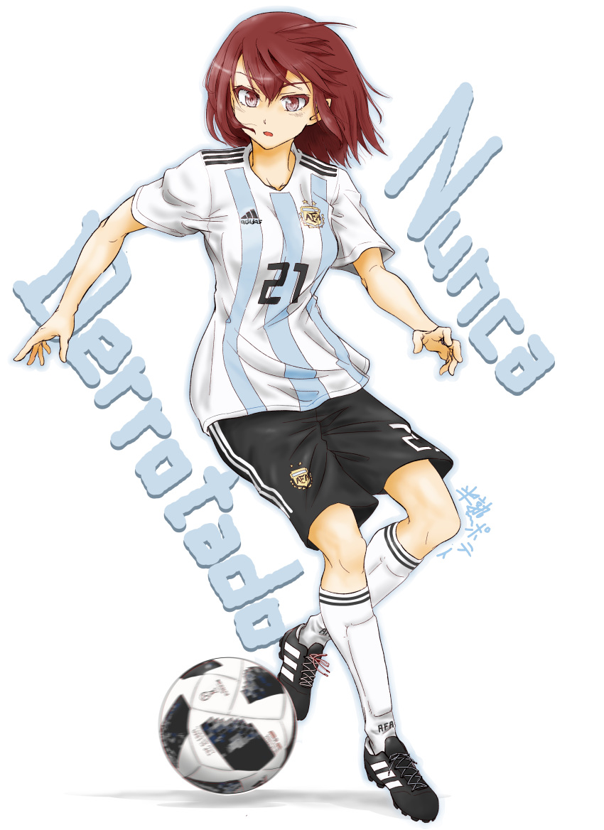 2018_fifa_world_cup absurdres adidas ahoge argentina argentinian_flag argentinian_flag_print asociacion_de_futbol_argentina ball black_shorts blue_shirt brown_eyes brown_hair chinese_commentary collarbone commentary dear_muyu female flag_print full_body highres looking_down open_mouth original playing_sports running shirt shoes short_hair shorts sneakers soccer soccer_ball soccer_uniform solo spanish_text sportswear striped_clothes striped_shirt telstar_18 vertical-striped_clothes vertical-striped_shirt white_background white_legwear white_shirt world_cup