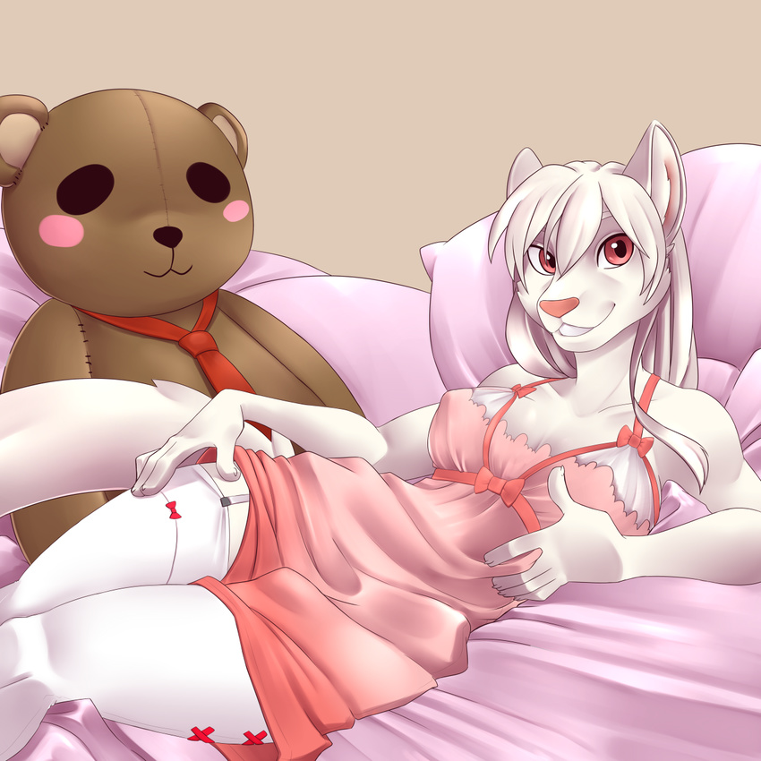 1:1 5_fingers anthro bed better_version_at_source canid canine clothed clothing female fingers fur furniture hi_res lying mammal pink_eyes pink_nose smile solo suelix teeth thick_thighs white_body white_fur wide_hips