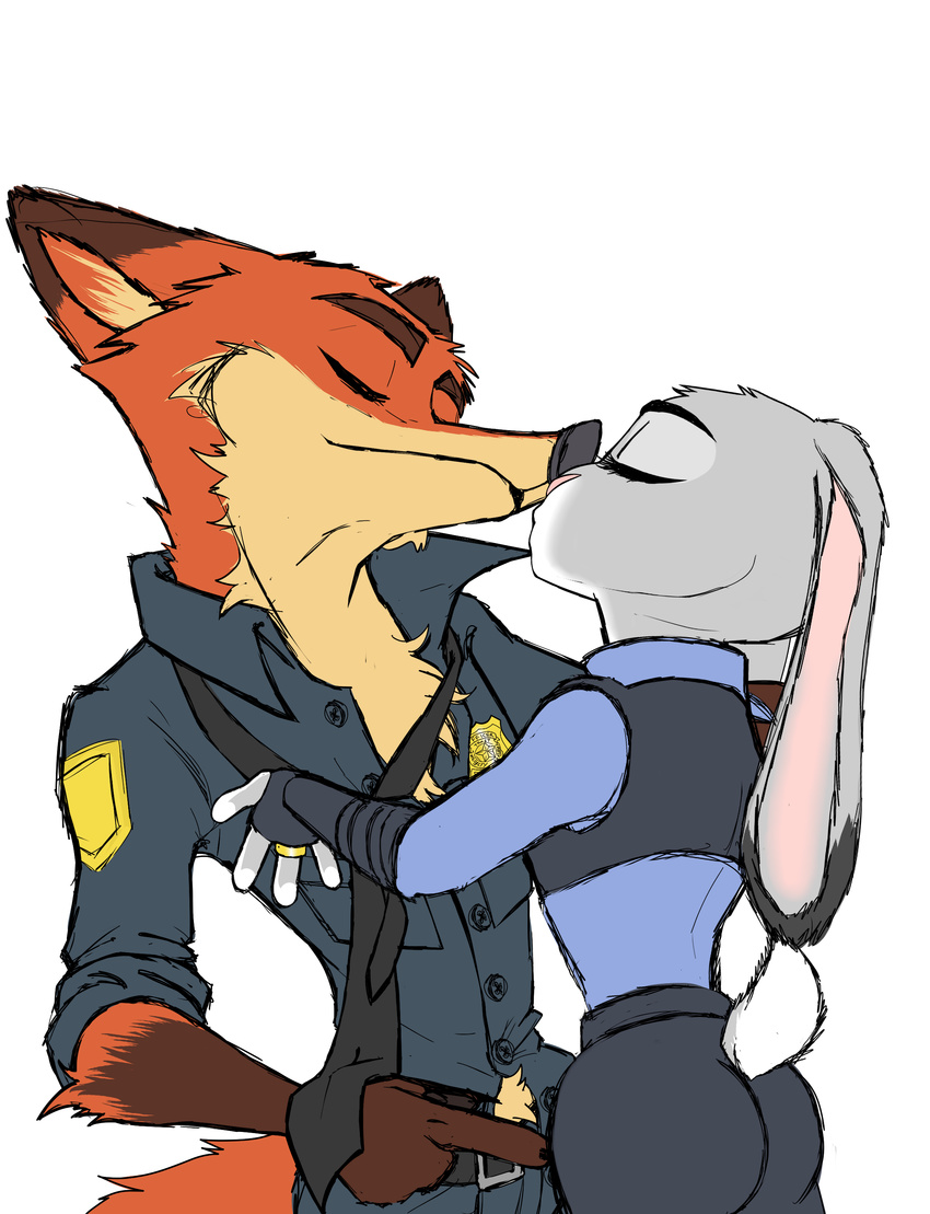 absurd_res anthro canid canine closed_eyes clothed clothing disney duo female fox fully_clothed fur hi_res judy_hopps kissing lagomorph leporid male male/female mammal necktie nick_wilde police police_uniform progressoftomorrow rabbit red_fox simple_background true_fox uniform zootopia