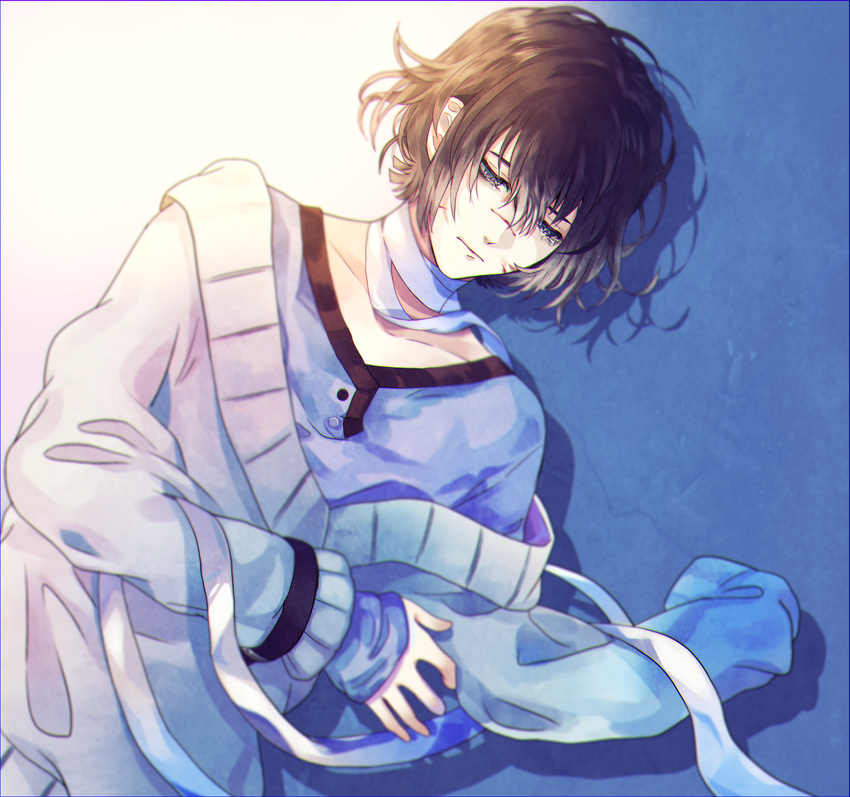 1boy bandage black_hair blue_eyes closed_mouth collarbone diabolik_lovers ewmeto half-closed_eyes male_focus mukami_azusa solo sweater tears upper_body