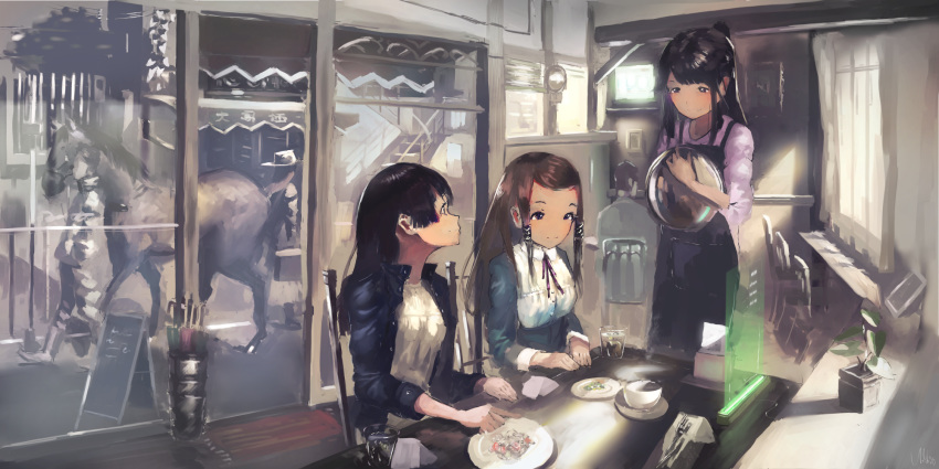 3girls apron black_hair breasts brown_hair cup curtains fork green_umbrella highres horse itodome leaf light long_hair long_sleeves multiple_girls original pink_umbrella plate profile signature sitting sunlight table umbrella upper_body window