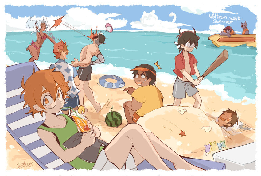 2016 2girls 6+boys ball beach beach_chair beachball bikini blindfold copyright_name coran_(voltron) cup drinking drinking_glass drinking_straw everyone food fruit glasses grey_hair hunk_(voltron) keith_(voltron) lance_(voltron) looking_at_viewer multiple_boys multiple_girls ocean pidge_gunderson princess_allura reverse_trap sand seashell sendak_(voltron) shell starfish stick sugarleegogo suikawari swimsuit takashi_shirogane voltron:_legendary_defender voltron_(series) water watermelon zarkon_(voltron)