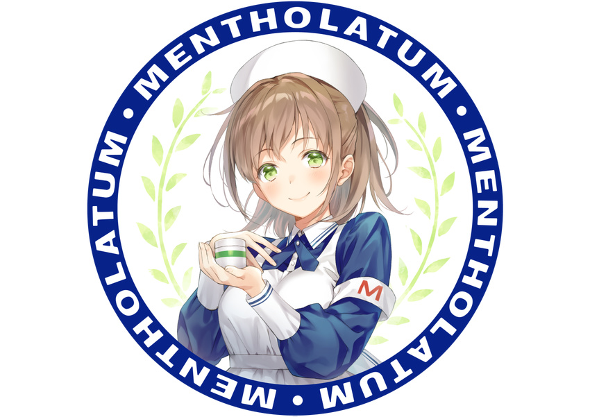 armband brown_hair commentary_request copyright_name female green_eyes hand_up hat looking_at_viewer mentholatum nurse nurse_cap round_image simple_background smile solo tokki transparent_background upper_body