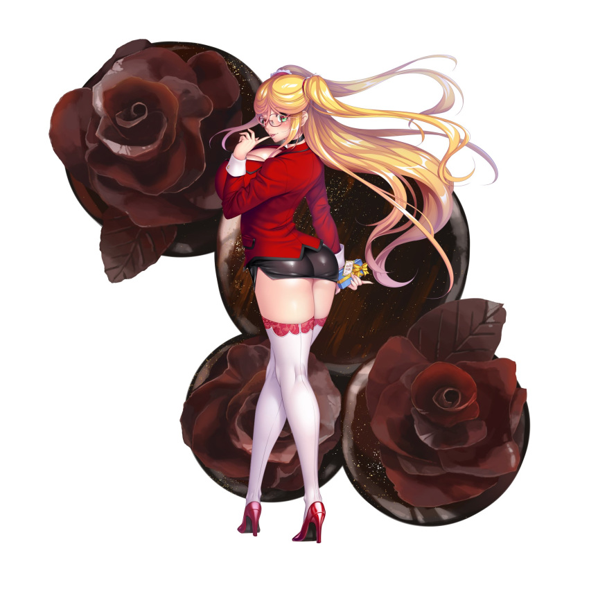 aoi_nagisa_(metalder) armor ass blonde_hair breasts cameltoe curvy female female flower green_eyes highres huge_breasts kosaka_shizuru lilith-soft long_hair looking_at_viewer looking_back miniskirt petals plant rose shiny shiny_skin skirt smile solo taimanin_(series) taimanin_asagi taimanin_rpgx taimanin_yukikaze twintails wink