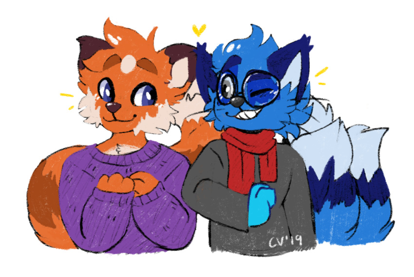 2019 ailurid anthro blue_body blue_eyes blue_fur brown_body brown_fur canid canine clothed clothing crownedvictory duo eyewear felid feline fox fur glasses grey_eyes heart_symbol hi_res male mammal multicolored_body multicolored_fur one_eye_closed red_panda sampson_(thymetime) signature simple_background smile tail tailskemon teeth whiskers white_background wink