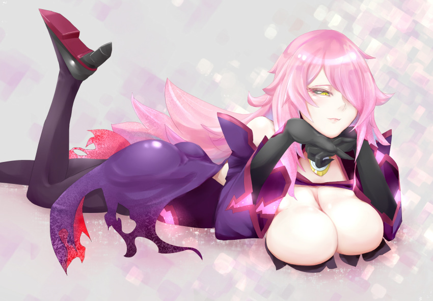 artist_request ass bare_shoulders black_sclera blazblue breast_press breasts cape cleavage detached_sleeves dress female gloves hair_over_one_eye high_heels huge_breasts konoe_a_mercury long_hair lying on_stomach phantom_(blazblue) pink_hair shiny shiny_clothes shiny_hair shiny_skin shoes short_dress slit_pupils smile solo thighhighs very_long_hair yellow_eyes