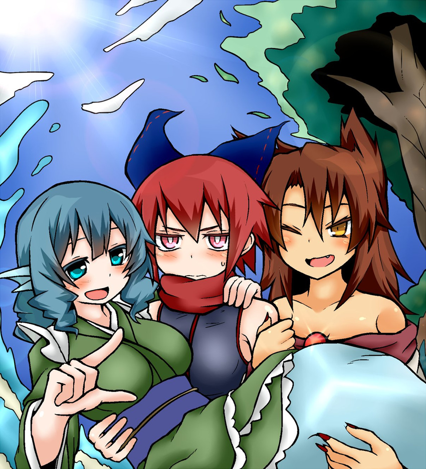 3girls animal_ears bare_shoulders blue_eyes blue_hair blush bow brown_eyes brown_hair commentary_request drill_hair fins grass_root_youkai_network hairbow hato_no_suisou head_fins highres imaizumi_kagerou japanese_clothes kimono light_rays mermaid monster_girl multiple_girls nail_polish open_mouth pointing red_eyes red_hair red_nails scarf sekibanki sleeveless sunbeam sunlight sweat touhou wakasagihime wolf_ears