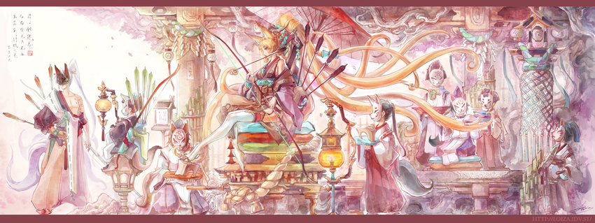 animal_ears arrow_(projectile) bamboo bow_(weapon) chinese_commentary chinese_text commentary_request cup drum fox_ears fox_mask fox_tail high_heels highres instrument lantern loiza long_hair mask multiple_boys multiple_girls original ornament photoshop_(medium) pillar pillow rope sign tail thighhighs traditional_clothes translation_request umbrella weapon