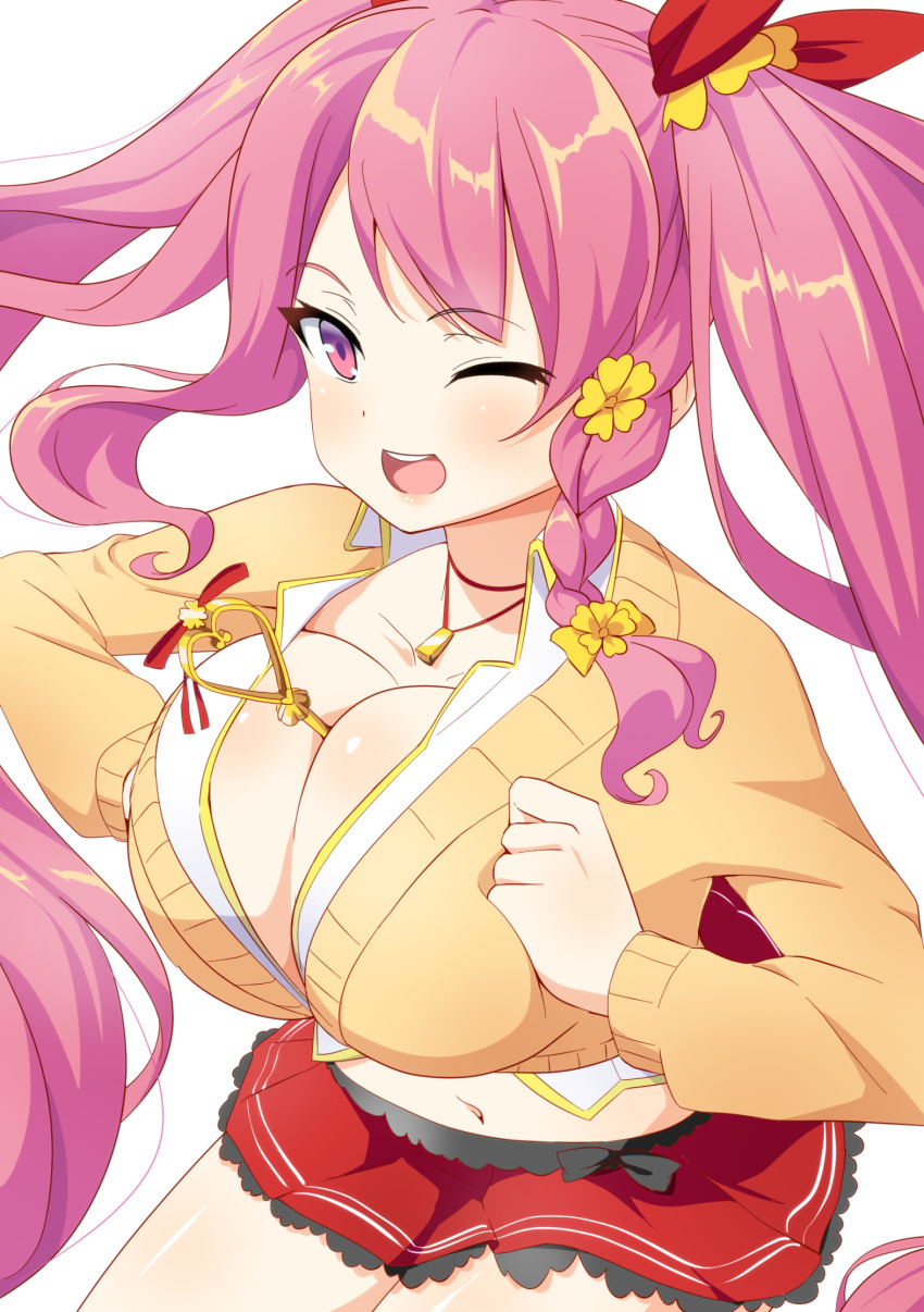 ;d between_breasts braid braided_sidelock breasts breasts_squeezed_together cleavage commentary_request cowboy_shot cowslip_(flower_knight_girl) female flower flower_knight_girl hair_flower hair_ornament highres key large_breasts long_hair looking_at_viewer navel one_eye_closed open_mouth pink_eyes pink_hair red_skirt sakamata_(sakamata4) sidelocks simple_background skirt smile solo sweater twintails white_background yellow_sweater