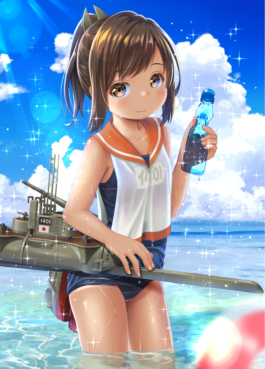 bare_arms blurry blush bottle brown_eyes brown_hair cloud collarbone commentary_request cowboy_shot day depth_of_field female fingernails hand_up hane_yoshiyumi highres holding holding_bottle horizon i-401_(kancolle) japanese_flag kantai_collection lens_flare looking_at_viewer md5_mismatch name_tag ocean one-piece_swimsuit one-piece_tan outdoors ponytail ramune sailor_collar school_swimsuit short_ponytail sky smile solo sparkle sunlight swept_bangs swimsuit swimsuit_under_clothes tan tanlines wading water wet