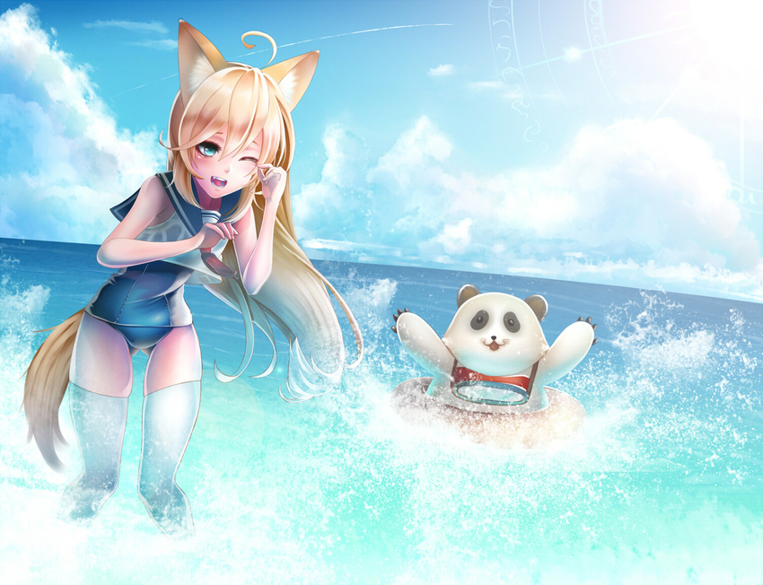 1boy animal_ears artist_request beach blonde_hair blue_eyes cloud day dog_ears elin female furry innertube long_hair ocean one-piece_swimsuit one_eye_closed open_mouth outdoors panda popori school_swimsuit school_uniform serafuku shirt sky sleeveless sleeveless_shirt smile splashing swim_ring swimsuit swimsuit_under_clothes tail tera_online thighhighs wading water white_legwear