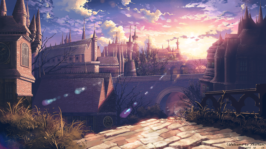 arch architecture bloodborne blue_sky bridge building city cloud cloudy_sky commentary dated english_text fence gothic_architecture gradient_sky grass highres no_humans outdoors photoshop_(medium) scenery signature sky sunlight sunset tower twilight wall yharnam yuuko-san