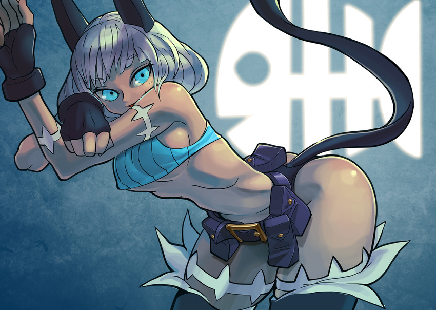 27_degrees animal_ears animal_tail belt bent_over blue_eyes bob_cut female female fingerless_gloves midriff ms._fortune_(skullgirls) scar skullgirls sleeveless_turtleneck solo tagme tail white_hair