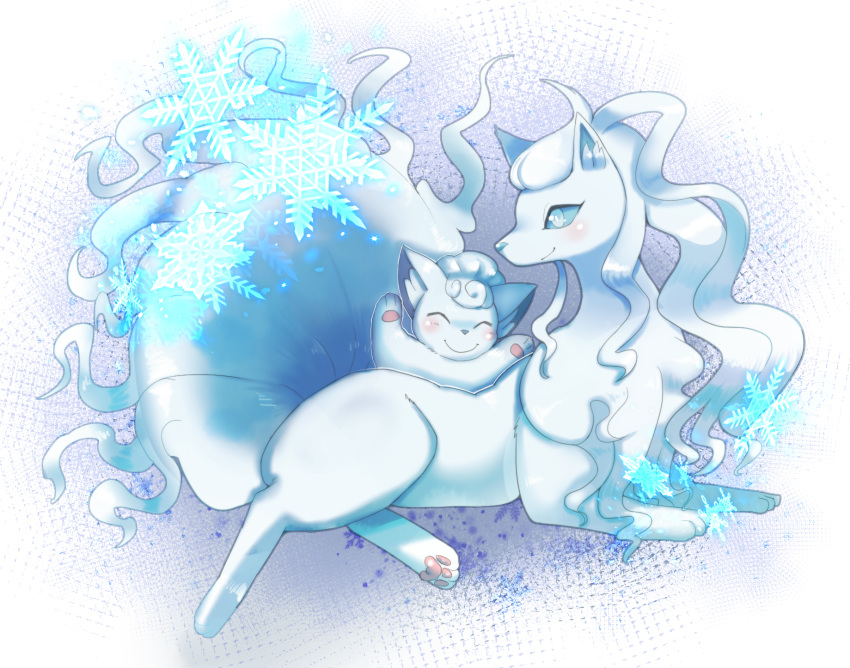 alolan_form alolan_ninetales alolan_vulpix ambiguous_gender blush duo feral generation_7_pokemon hi_res nintendo onikuman pokemon pokemon_(species) regional_form_(pokemon) smile snow