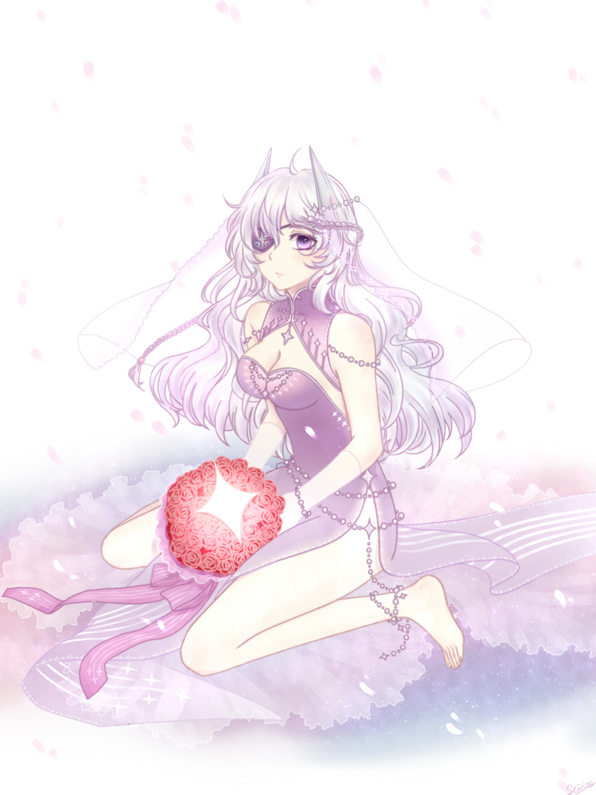 absurdres bouquet breasts chinese_clothes chinese_commentary cleavage commentary_request eyepatch female flower highres large_breasts long_hair purple_eyes seirios_(8561524) side_slit sirius_(warship_girls_r) sitting solo veil wariza warship_girls_r white_hair