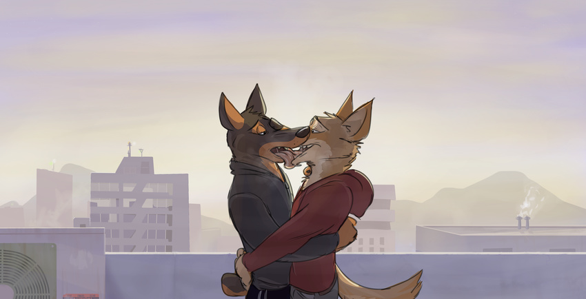 2017 absurd_res anthro black_body black_clothing black_fur black_nose black_topwear bodily_fluids bottomwear brown_body brown_fur canid canine canis city cityscape clothed clothing coyote detailed_background dobermann domestic_dog duo english_text french_kissing fur half-closed_eyes hi_res hoodie hug kissing male male/male mammal narrowed_eyes open_mouth outside paintfox pinscher red_clothing red_topwear romantic romantic_couple rooftop saliva sky tail tan_body tan_fur tan_tail teeth text tongue tongue_out topwear