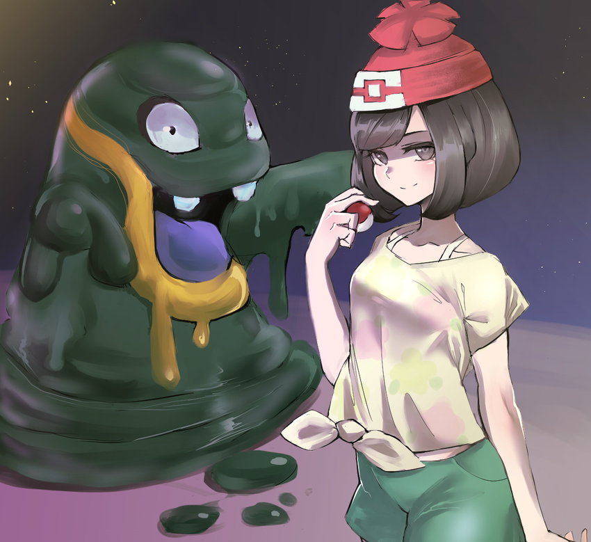 alolan_grimer beanie black_eyes black_hair commentary_request evil_smile female green_shorts hashimoto_(soukidann2010) hat holding holding_poke_ball looking_at_viewer outstretched_arms poke_ball poke_ball_(basic) pokemon pokemon_(creature) pokemon_adventures pokemon_sm selene_(pokemon) shirt short_hair shorts smile tied_shirt zombie_pose