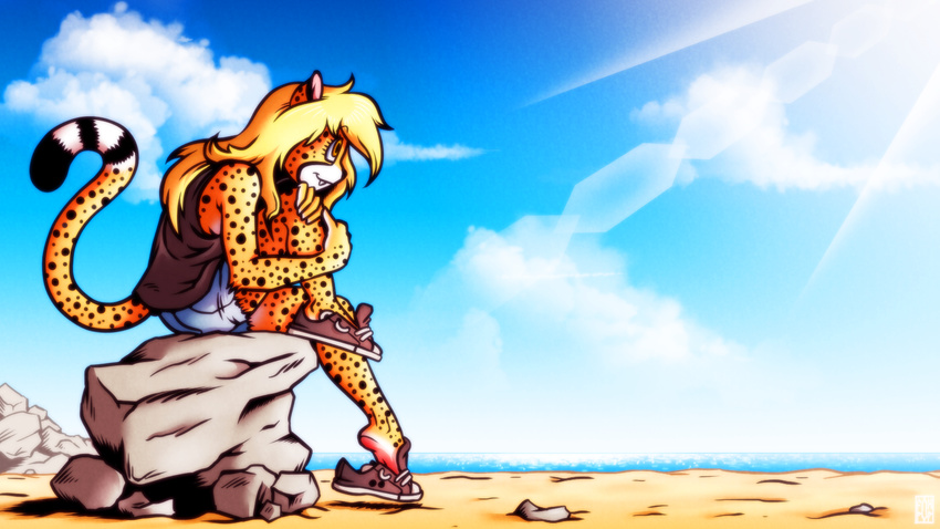 16:9 amber_eyes anthro beach biped black_nose black_spots blonde_hair bottomwear cheetah clothing conditional_dnp detailed_background digital_media_(artwork) eyebrows eyelashes feet felid feline female footwear fox-pop full-length_portrait fur hair hi_res light long_hair loose_footwear mammal mihari orange_body orange_fur pinup portrait pose sand seaside shoe_dangle shoes shorts side_view sitting sky smile solo spots sunlight water white_body white_fur widescreen