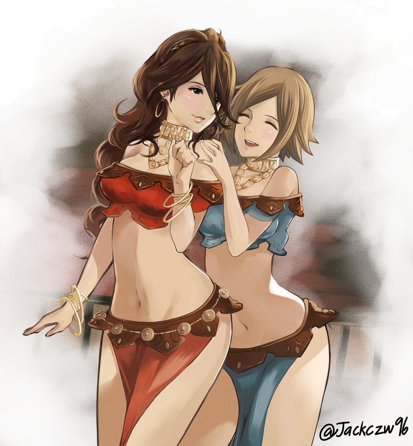 2girls bare_shoulders bracelet breasts brown_hair circlet cleavage commentary commission crop_top dancer earrings english_commentary hug j@ck jewelry long_hair medium_breasts midriff mole mole_under_mouth multiple_girls navel necklace octopath_traveler octopath_traveler_i open_mouth primrose_azelhart short_hair smile yusufa