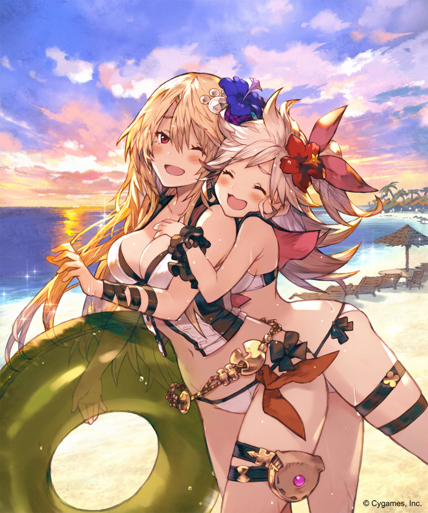 2girls :d ;d ^_^ arm_garter beach bikini blonde_hair blush breasts cleavage closed_eyes cloud cloudy_sky commentary_request cowboy_shot dusk ezusuke flower hair_flower hair_ornament highres horizon innertube large_breasts leaning_forward long_hair medium_breasts multiple_girls navel one_eye_closed one_side_up open_mouth outdoors photoshop_(medium) red_eyes sailor_collar shingeki_no_bahamut side-tie_bikini_bottom sidelocks silver_hair sky smile sunset swim_ring swimsuit thigh_strap white_bikini wrist_cuffs