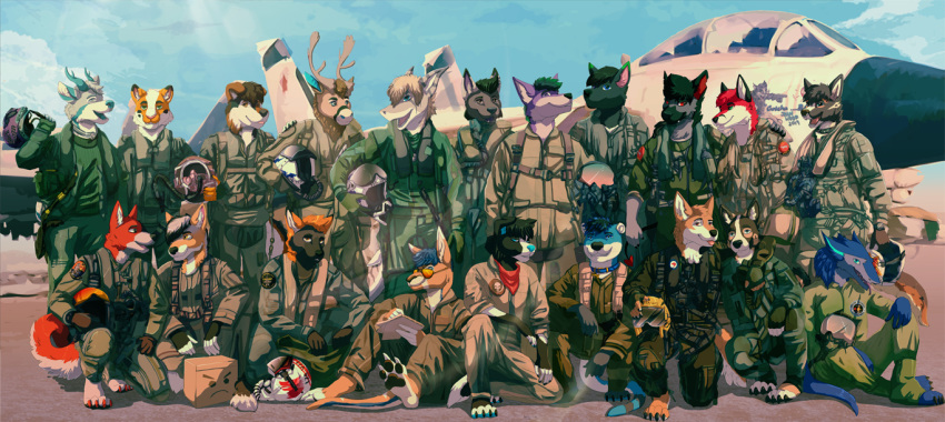 aircraft anthro antlers armor canid canine canis clothed clothing collar deer domestic_dog eyewear fish fox fur group hair headgear helmet horn jeanwoof jumpsuit kangaroo macropod male mammal marine marsupial moose new_world_deer open_mouth sergal shark sitting smile standing sunglasses tail vehicle