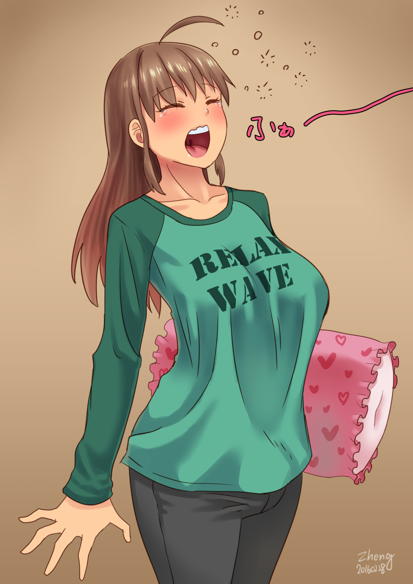 absurdres ahoge artist_name blush breasts brown_hair closed_eyes clothes_writing dated female highres kamiya_midori large_breasts long_hair open_mouth original pillow raglan_sleeves sleepy solo tears yawning zheng