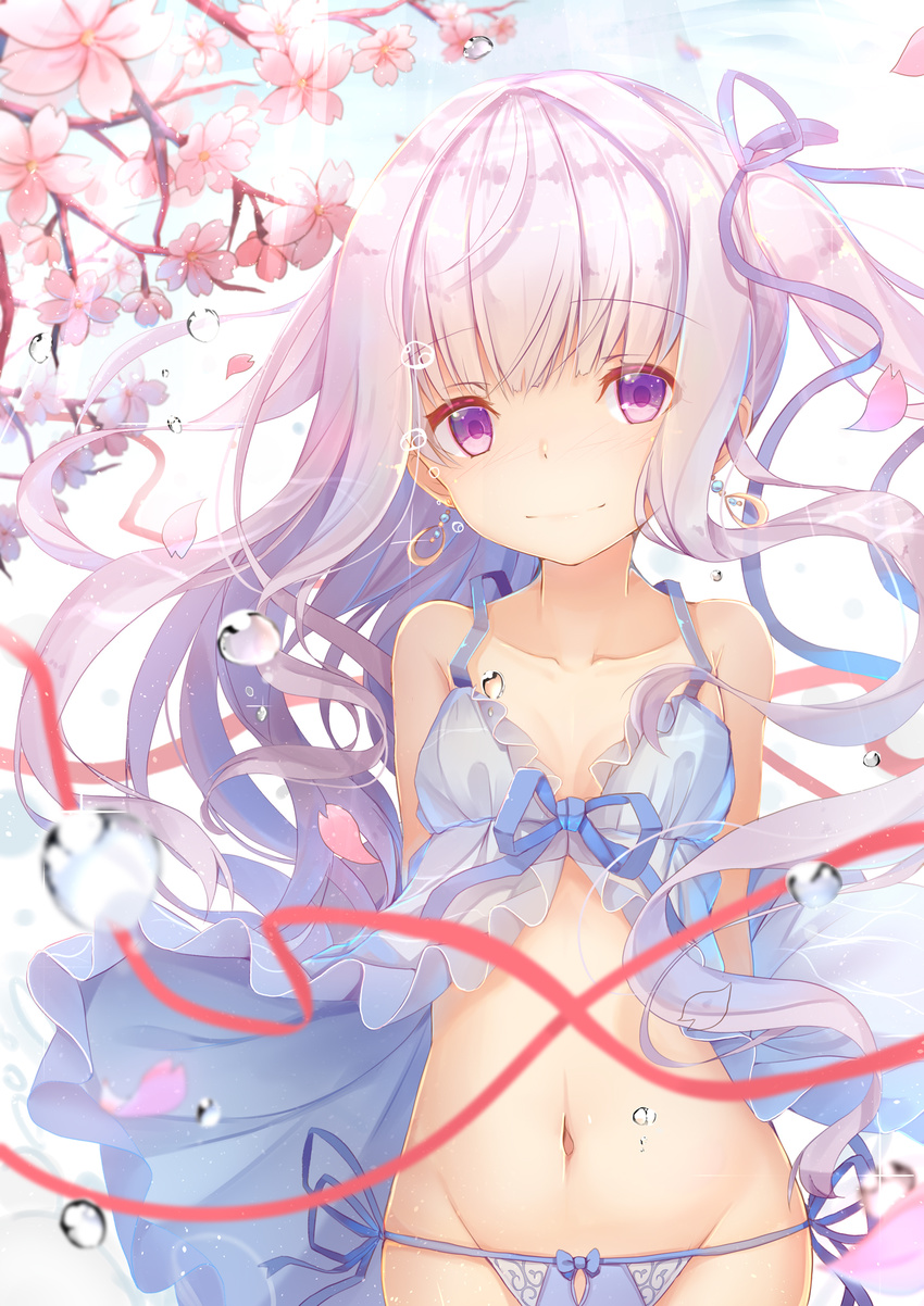 blue_ribbon blush breasts cleavage closed_mouth collarbone commentary_request earrings female gotou_jun hair_ribbon highres jewelry long_hair looking_at_viewer medium_breasts navel purple_eyes ribbon smile solo tatapopo tenshi_no_3p! twintails water_drop white_hair