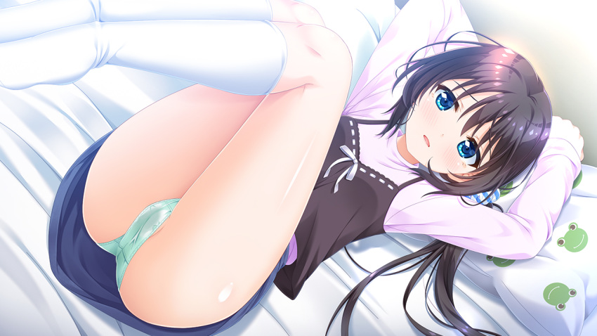 ass bad_link bed_sheet black_hair blue_eyes blush courreges_ace dutch_angle female hair_ornament kneehighs long_hair long_sleeves looking_at_viewer lying official_art on_back on_bed onami_kohaku onii-chan_asa_made_zutto_gyu_tte_shite! open_mouth socks solo white_socks