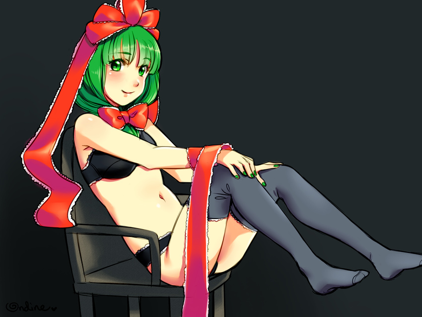 bad_hentai-foundry_id bad_id black_bra black_panties black_thighhighs blush bow bra chair female fingernails frills front_ponytail green_eyes green_hair hair_ribbon hairbow highres kagiyama_hina lace lace-trimmed_bra lace-trimmed_legwear lace-trimmed_panties lace_trim looking_at_viewer nail_polish navel on_chair panties ribbon roarke_(lavenderincubus) sitting smile solo thighhighs touhou underwear underwear_only