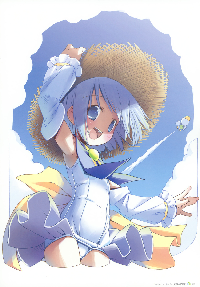 absurdres blue_eyes blue_hair detached_sleeves hat highres moetan one-piece_swimsuit pastel_ink pop school_swimsuit short_hair solo straw_hat swimsuit swimsuit_costume white_school_swimsuit white_swimsuit