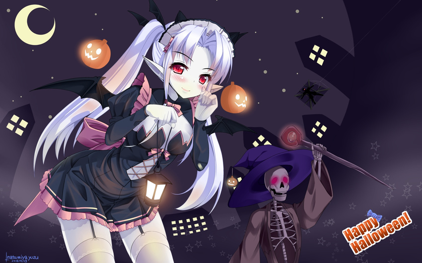 2015 artist_name bat_wings breasts candy cleavage commentary_request crescent_moon eden_(sennen_sensou_aigis) female food garter_straps glowing glowing_eyes halloween hat highres jack-o'-lantern lantern leaning_forward looking_at_viewer maid maid_headdress moon natsumiya_yuzu pale_skin pointing pointing_up pointy_ears red_eyes sennen_sensou_aigis signature skeleton small_breasts staff thighhighs twintails vampire wings witch_hat zettai_ryouiki