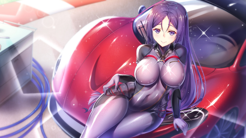 bodysuit breasts car commentary fate/grand_order fate_(series) female highres iro_ame_(amewaagada) large_breasts long_hair looking_at_viewer mclaren mclaren_p1 minamoto_no_raikou_(fate) motor_vehicle navel photoshop_(medium) purple_eyes purple_hair shiny_clothes smile solo sports_car very_long_hair