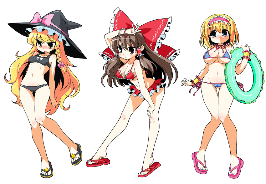 3girls alice_margatroid arms_behind_back azumi_haruhito bad_id bad_nicoseiga_id bikini blonde_hair blue_eyes blush bracelet braid breasts brown_hair frilled_bikini frills full_body hair_ribbon hair_tubes hairband hakurei_reimu hat hat_ribbon highres innertube jewelry kirisame_marisa large_breasts leaning_back leaning_forward long_hair marisa_to_alice_no_cookie_storia multiple_girls ribbon sandals short_hair side-tie_bikini_bottom side_braid small_breasts standing swim_ring swimsuit thigh_gap touhou underboob very_long_hair white_background witch_hat wrist_cuffs yellow_eyes