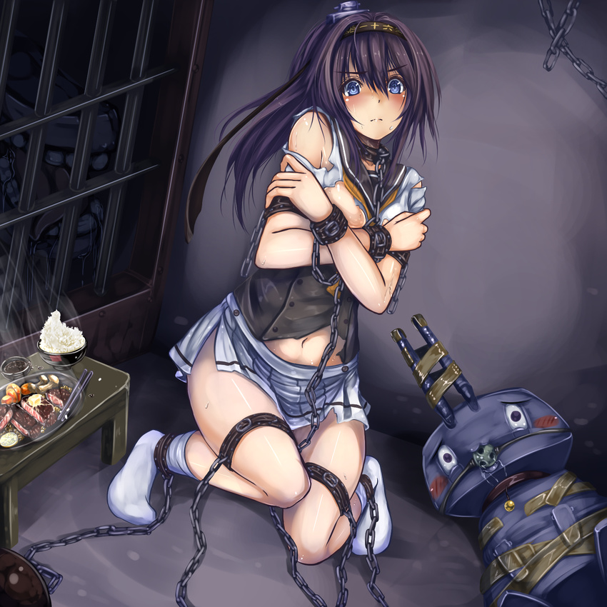 abyssal_ship akizuki_(kancolle) ball_and_chain_restraint ball_gag bars blue_eyes bondage bondage bound chained chains chopsticks chou-10cm-hou-chan collar commentary_request covering_breasts covering_privates crossed_arms cuffs drooling female fish food fruit gag gagged highres in_cell kantai_collection kneehighs lemon looking_at_viewer monikano mushroom navel prison_cell purple_hair restrained rice sauce school_uniform serafuku skirt socks steam sweat tape tape_bondage tongue torn_clothes wiffle_gag wrist_cuffs