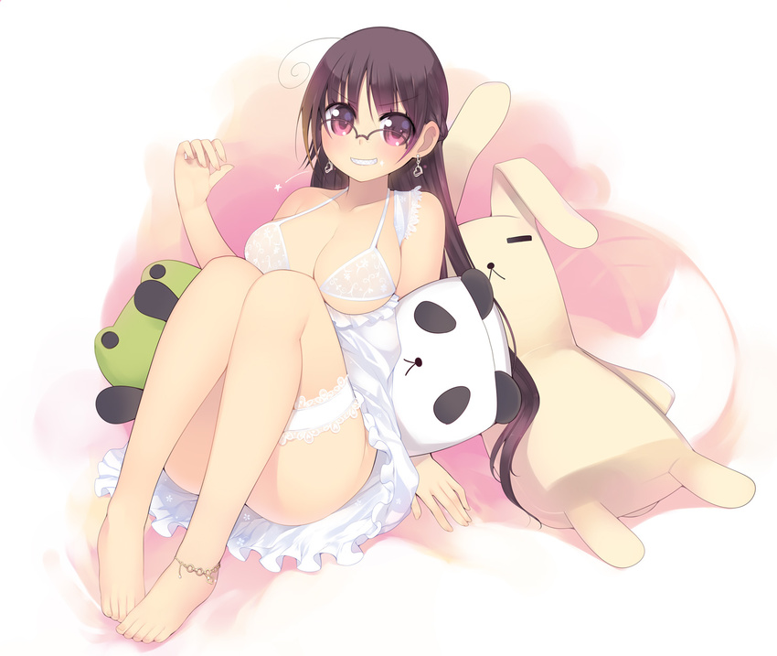 ahoge anklet arima_senne barefoot bottomless bra breasts earrings female frills gathers glasses grin highres jewelry kashiwamochi_yomogi lace lingerie no_nipples no_panties original photoshop_(medium) sharp_teeth smile solo stuffed_animal stuffed_toy teeth underwear white_bra