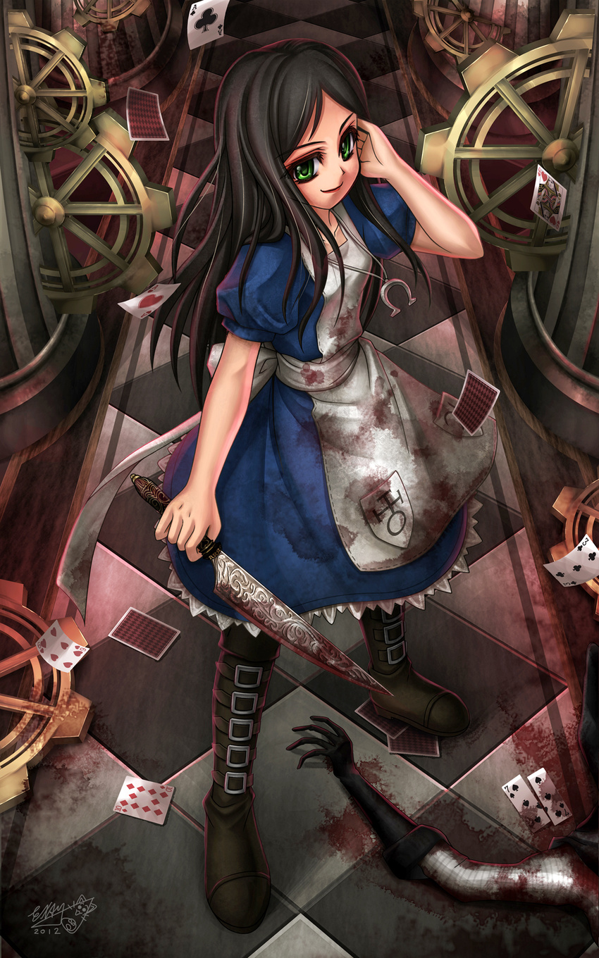 2012 alice:_madness_returns alice_liddell_(american_mcgee's_alice) american_mcgee's_alice black_hair blood card commentary_request examheart female gears green_eyes highres jewelry knife long_hair necklace photoshop_(medium) playing_card smile solo uranus_symbol