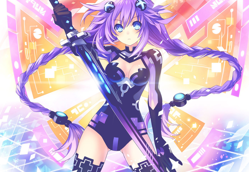 black_thighhighs blue_eyes blush braid breasts breasts_apart choujigen_action_neptune_u cleavage cleavage_cutout clothing_cutout cowboy_shot cross emblem female fighting_stance floating_hair glint gloves headgear holding holding_weapon huge_weapon legs_apart leotard long_hair looking_at_viewer magical_girl medium_breasts neon_trim neptune_(series) official_art power_symbol power_symbol-shaped_pupils purple_hair purple_heart_(neptunia) red_cross serious solo sword symbol-shaped_pupils thighhighs tsunako turtleneck twin_braids very_long_hair weapon