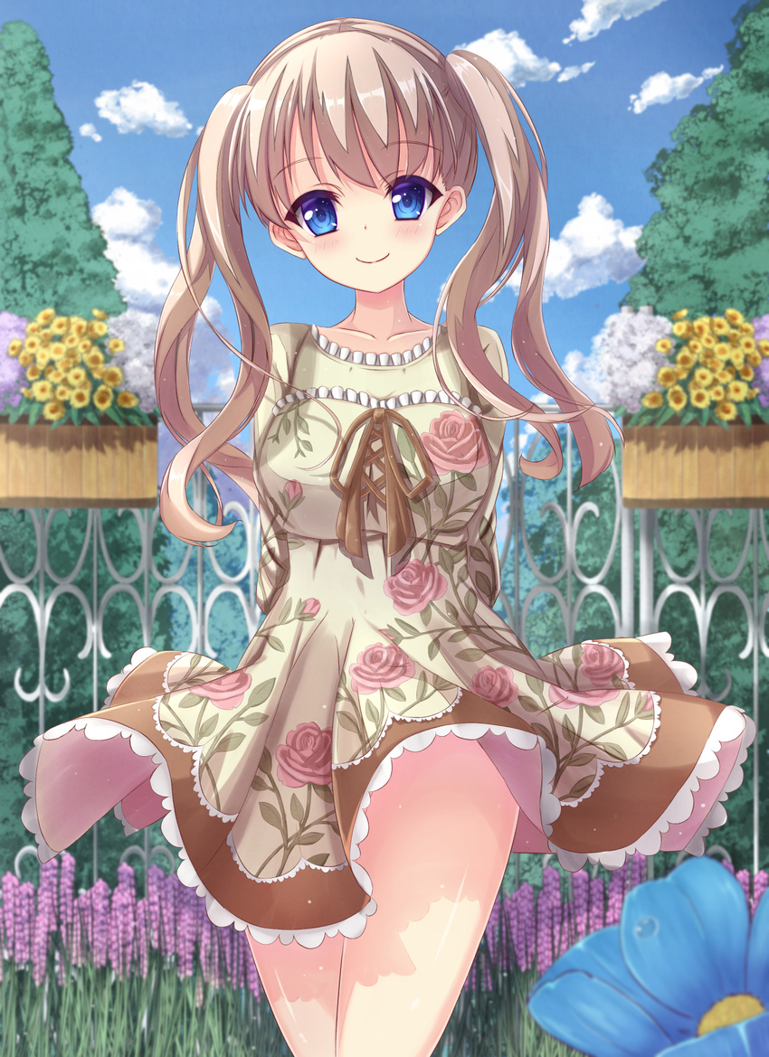 arisa_eloise_beau-regard arm_behind_back bad_id bad_pixiv_id blonde_hair blue_eyes blurry blush breasts cloud collarbone commentary_request cowboy_shot day depth_of_field dress female floral_print flower head_tilt highres large_breasts long_hair looking_at_viewer outdoors plant potted_plant raramagi red_flower red_rose rose rurukuru sky solo tree twintails